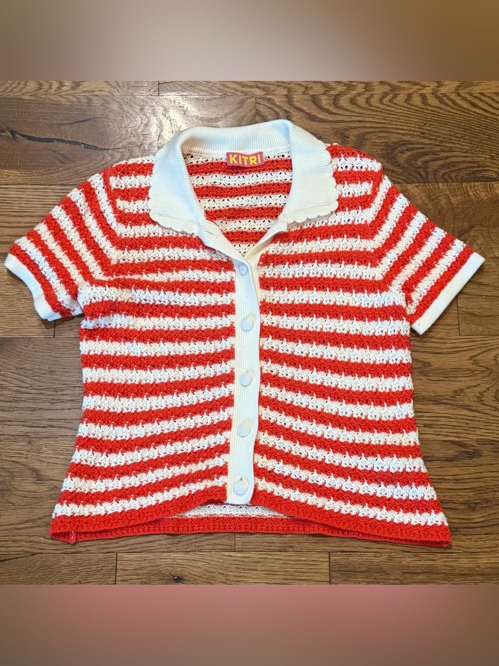 Kitri. Crochet Knot Polo Striped Cardign. Red/White. Size small.